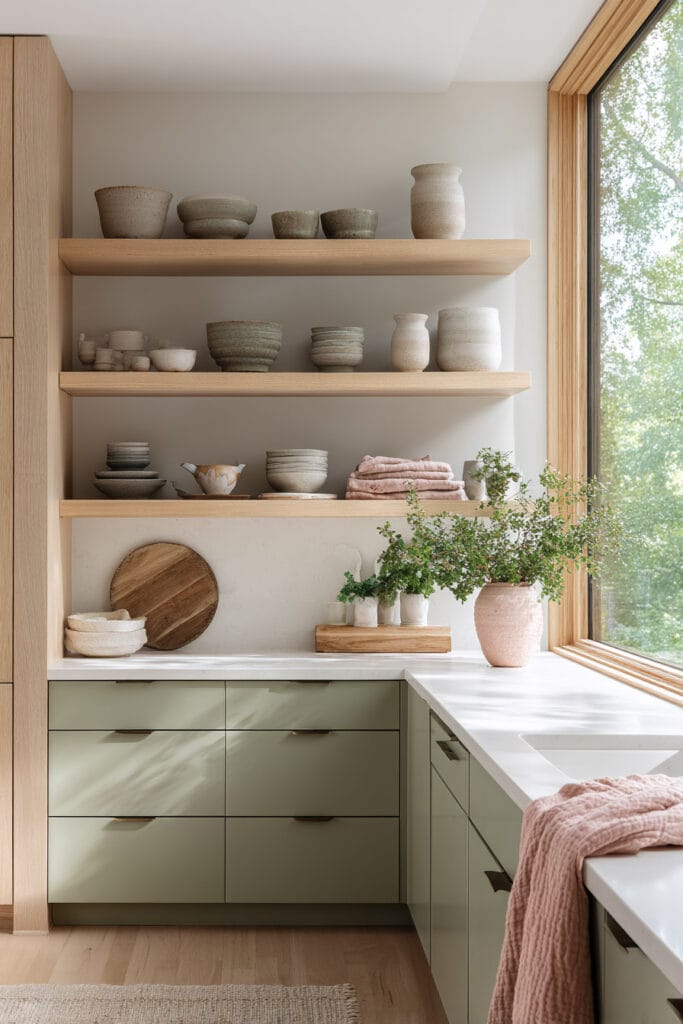 Modern kitchen with sage green cabinets, oak shelves, handmade pottery, and soft natural lighting creating an earthy minimalist color palette.