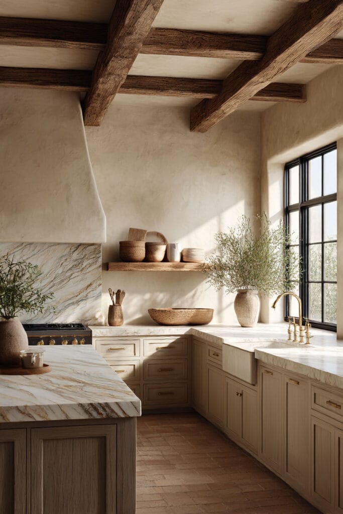 Warm neutral kitchen with rustic ceiling beams, marble countertops, farmhouse sink, wood cabinetry, woven accents, and black-framed windows.