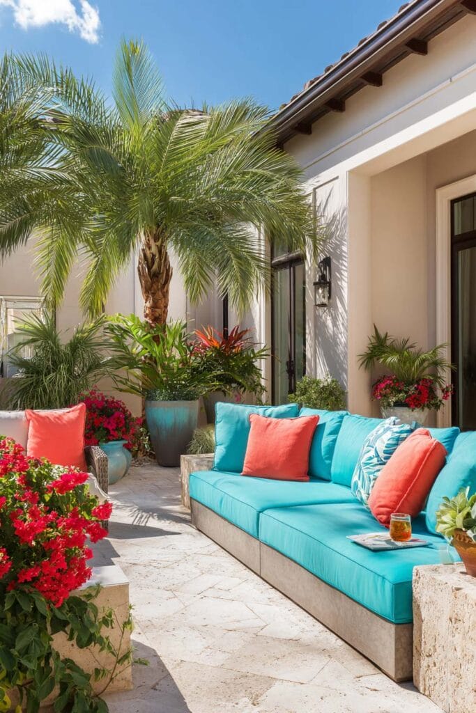 Tropical outdoor patio with turquoise sofa, coral pillows, palm trees, and bright summer flowers creating a vibrant coastal color palette.