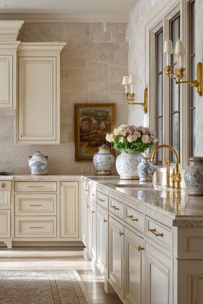 Warm neutral kitchen with stone walls, creamy cabinets, brass fixtures, marble countertops, and blue-and-white pottery accents.