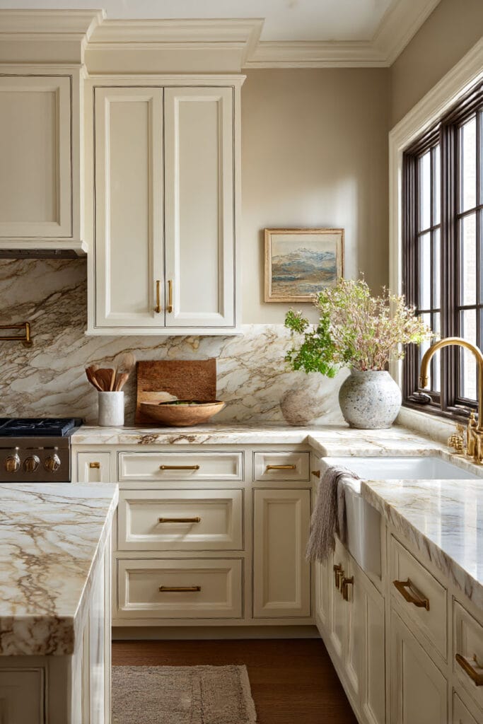 Warm neutral kitchen with creamy cabinets, marble counters, brass hardware, natural light, and simple decorative accents.
