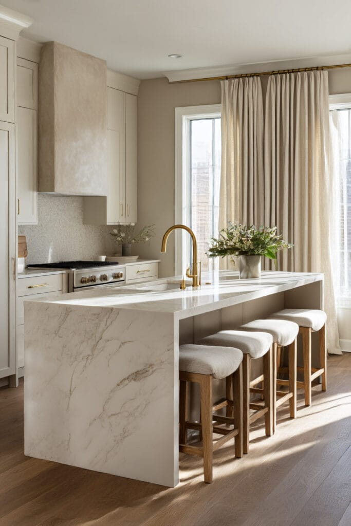 Warm neutral kitchen with waterfall marble island, brass faucet, upholstered bar stools, creamy cabinets, plaster range hood, and soft draped curtains.