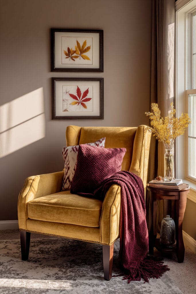 Cozy fall reading nook with mustard velvet chair, burgundy throw blanket, autumn leaf artwork, dried florals, and soft natural light.