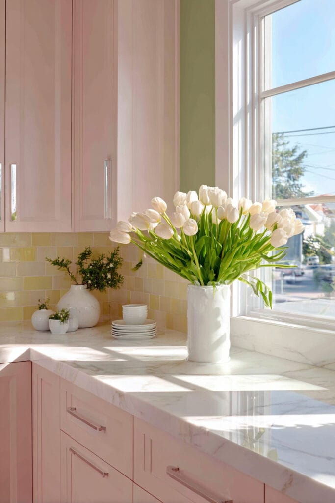 Light pink kitchen cabinets with marble countertops, yellow tile backsplash, and white tulips in a vase for a fresh spring color palette.