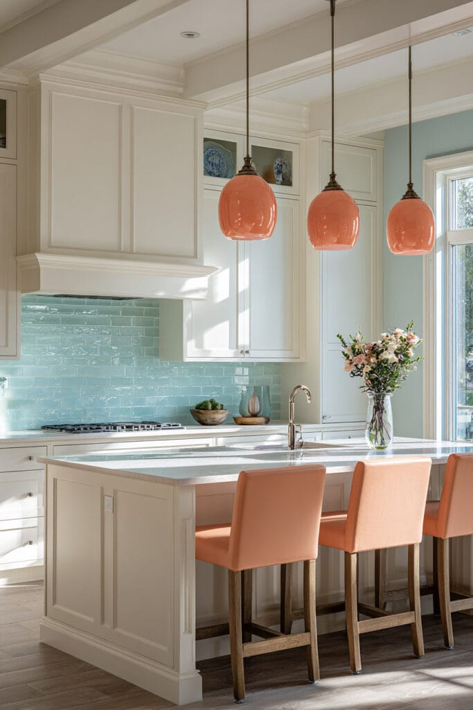 Light and airy kitchen with mint green backsplash, cream cabinets, peach pendant lights, and matching peach barstools around a white island.