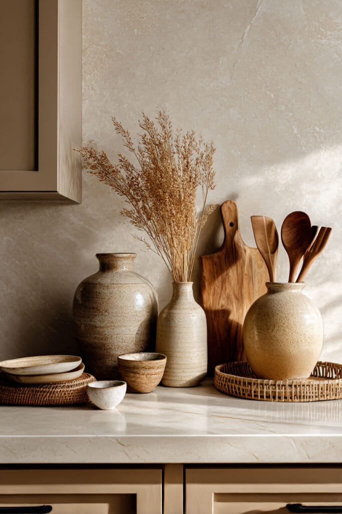 Warm neutral kitchen countertop with ceramic vases, wooden utensils, woven tray, and beige stone backsplash.