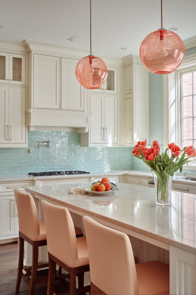 Bright kitchen with aqua backsplash, coral pendant lights, blush bar stools, marble island, and tulips in a glass vase.