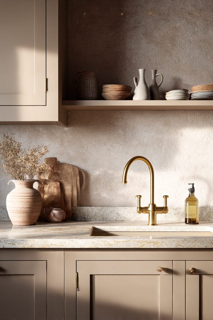 Warm neutral kitchen with brass faucet, textured stone backsplash, ceramic decor, open shelving, and beige cabinetry.
