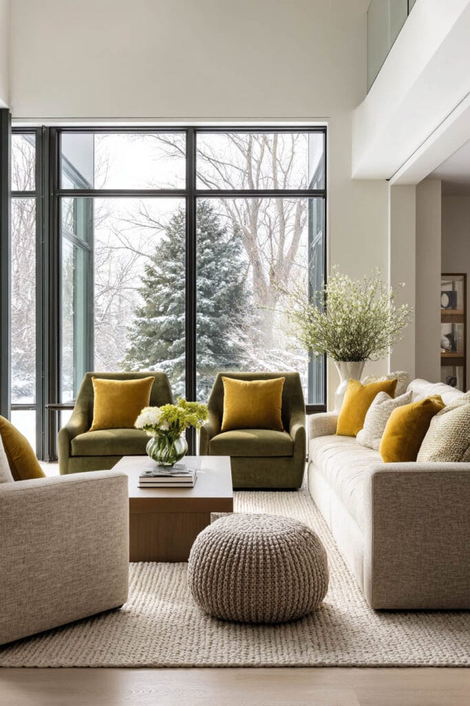 Modern living room with snowy views, olive chairs, mustard pillows, neutral sofa, woven pouf, and large black-framed windows.