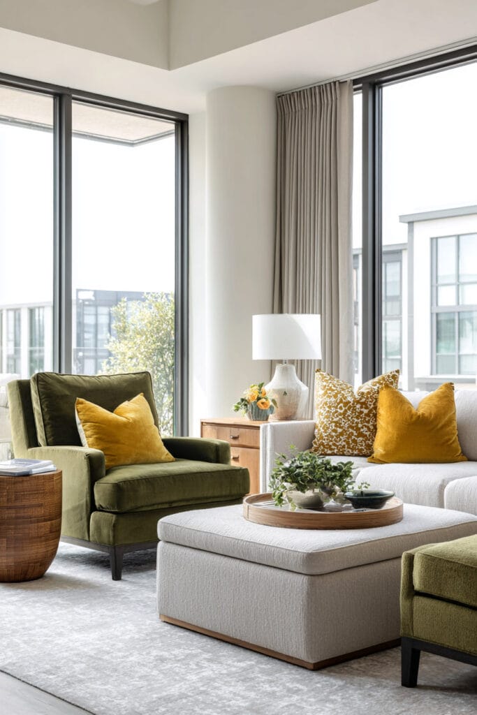 Modern living room with olive green armchairs, mustard yellow throw pillows, neutral sectional sofa, light ottoman coffee table, and natural wood accents.