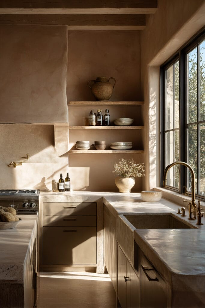 Warm neutral kitchen with natural light, plaster walls, stone countertops, brass faucet, and open shelving with ceramics.