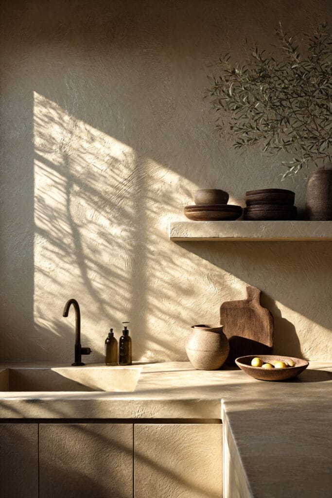 Warm neutral kitchen with textured plaster walls, natural sunlight shadows, stone countertops, rustic wooden decor, and olive branches.