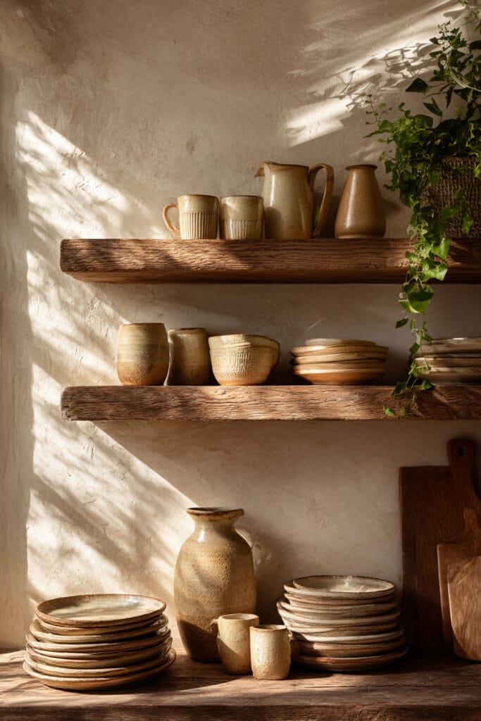 Warm neutral kitchen shelves styled with handmade ceramic dishes, rustic wood tones, and a trailing plant in natural sunlight.