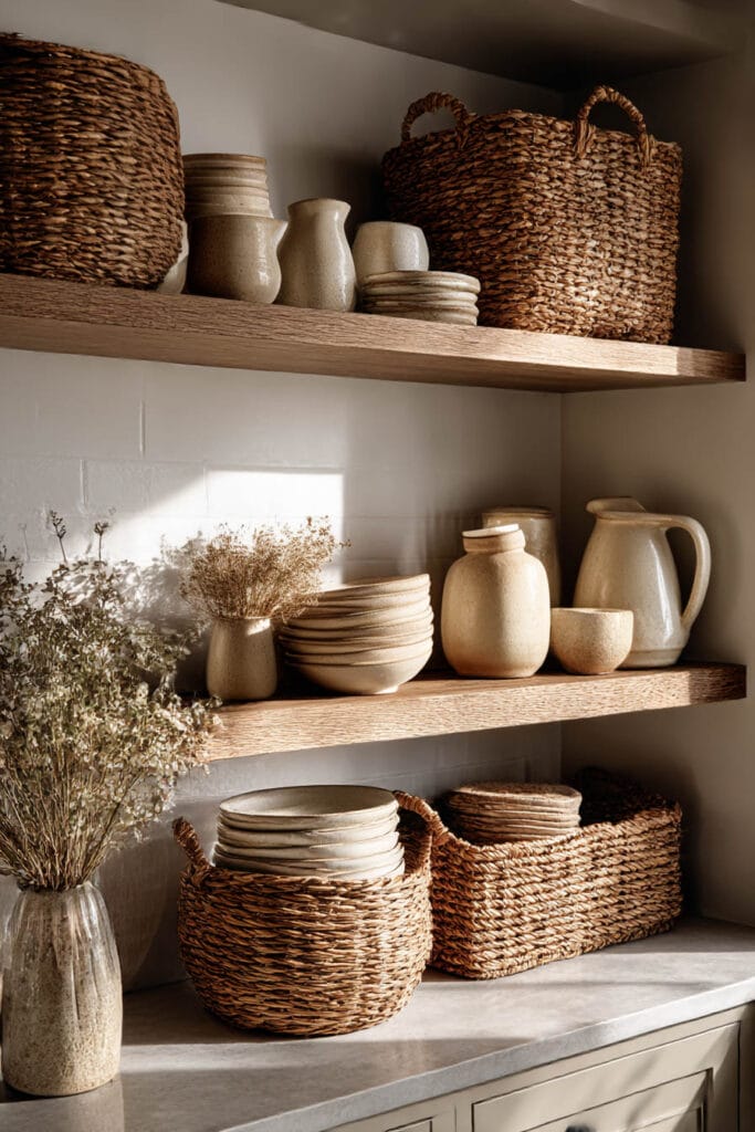 Warm neutral kitchen shelves styled with woven baskets, handmade ceramics, and natural light for an earthy, cozy look.