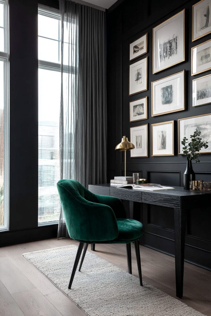 Moody black home office with emerald velvet chair, gallery wall, and brass lamp