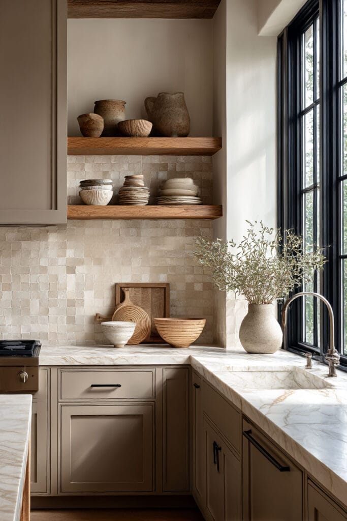 Warm neutral kitchen with open wood shelves, handcrafted ceramics, taupe cabinets, textured zellige-style backsplash, marble countertops, and black-framed windows.