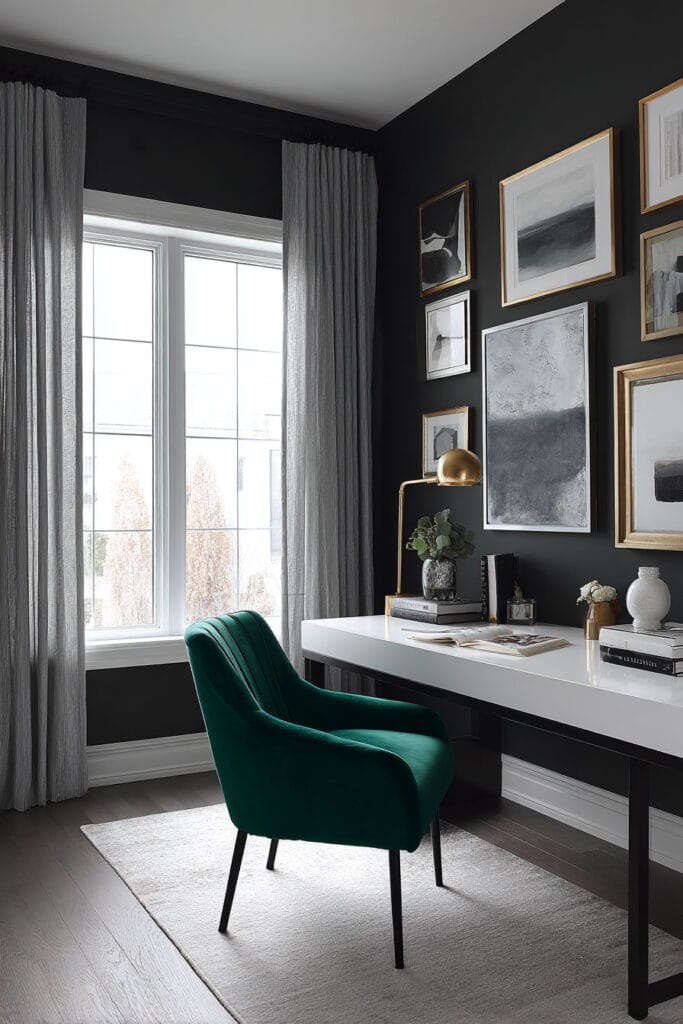 Charcoal home office with white desk, green velvet chair, and brass lamp under natural light.