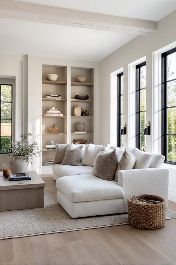 Neutral living room with beige sectional sofa, taupe pillows, wood shelving, and woven accents creating a soft minimalist color palette with natural textures.