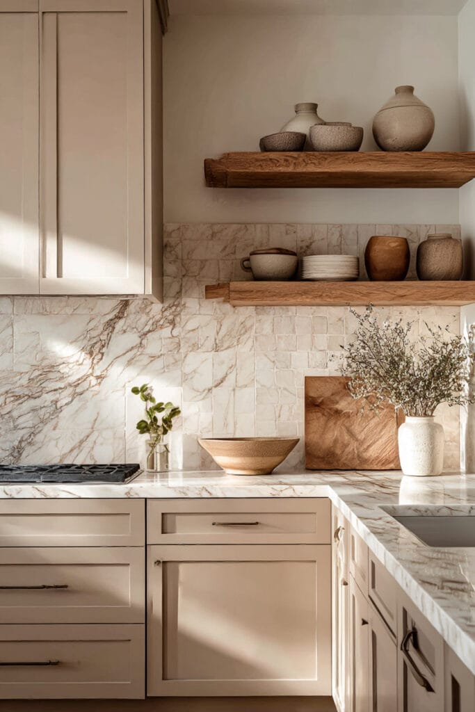 Warm neutral kitchen with marble countertops, zellige tile backsplash, open wood shelves, earthy ceramics, creamy cabinets, and soft natural lighting.