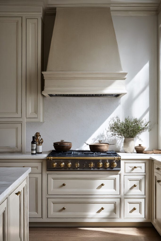 Warm neutral kitchen with plaster range hood, brass-accented stove, creamy inset cabinets, natural light, and simple countertop styling with rustic cookware.