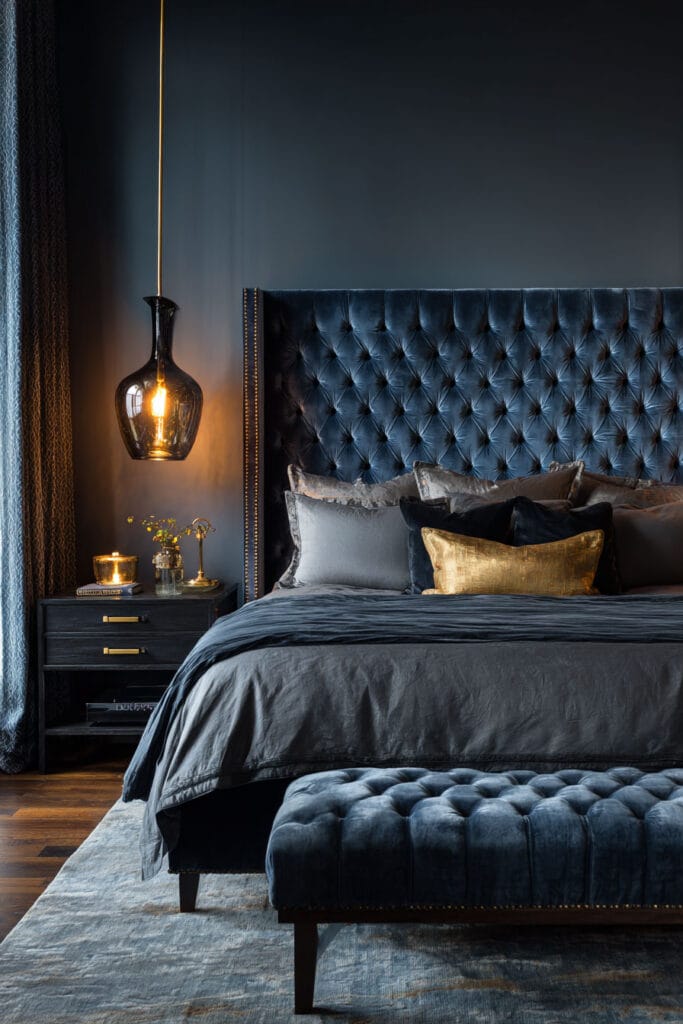 Navy velvet tufted headboard bedroom with gold accent pillow and moody pendant lighting.