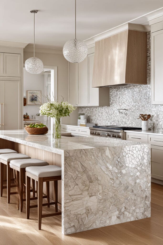 Warm neutral kitchen with textured stone waterfall island, mosaic tile backsplash, light wood range hood, creamy cabinets, glass pendant lights, and upholstered bar stools.
