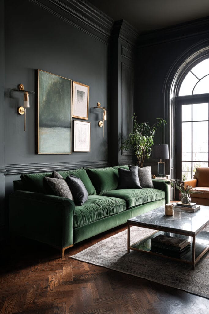 Moody living room with emerald velvet sofa, charcoal walls, and brass sconces.