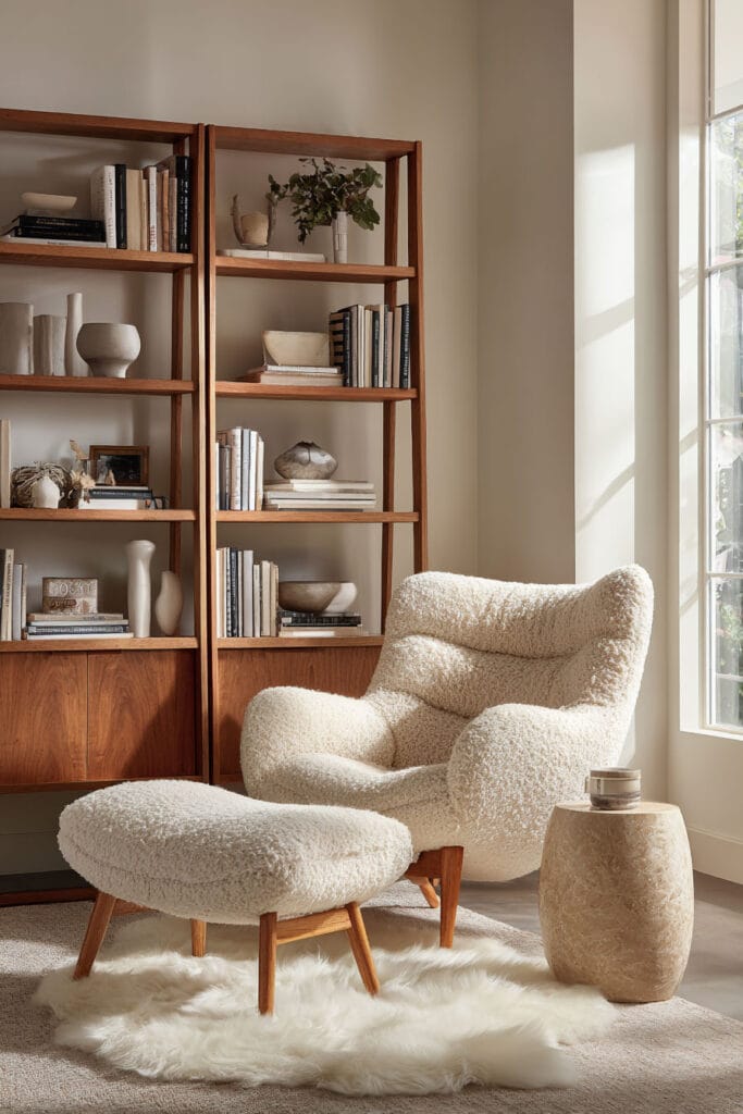 Warm neutral reading nook with boucle chair and ottoman, wood shelving with minimal decor, shearling rug, and natural light in a cozy modern interior.