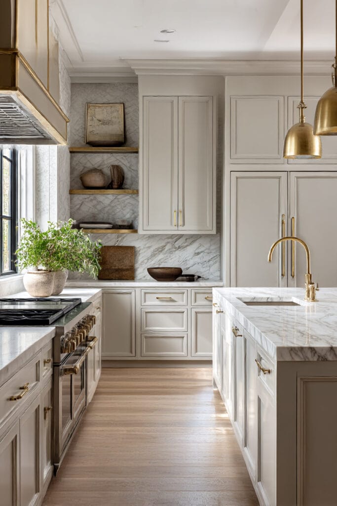 Warm neutral kitchen with marble countertops and backsplash, creamy cabinets, brass hardware, built-in shelves with ceramics, and natural light.