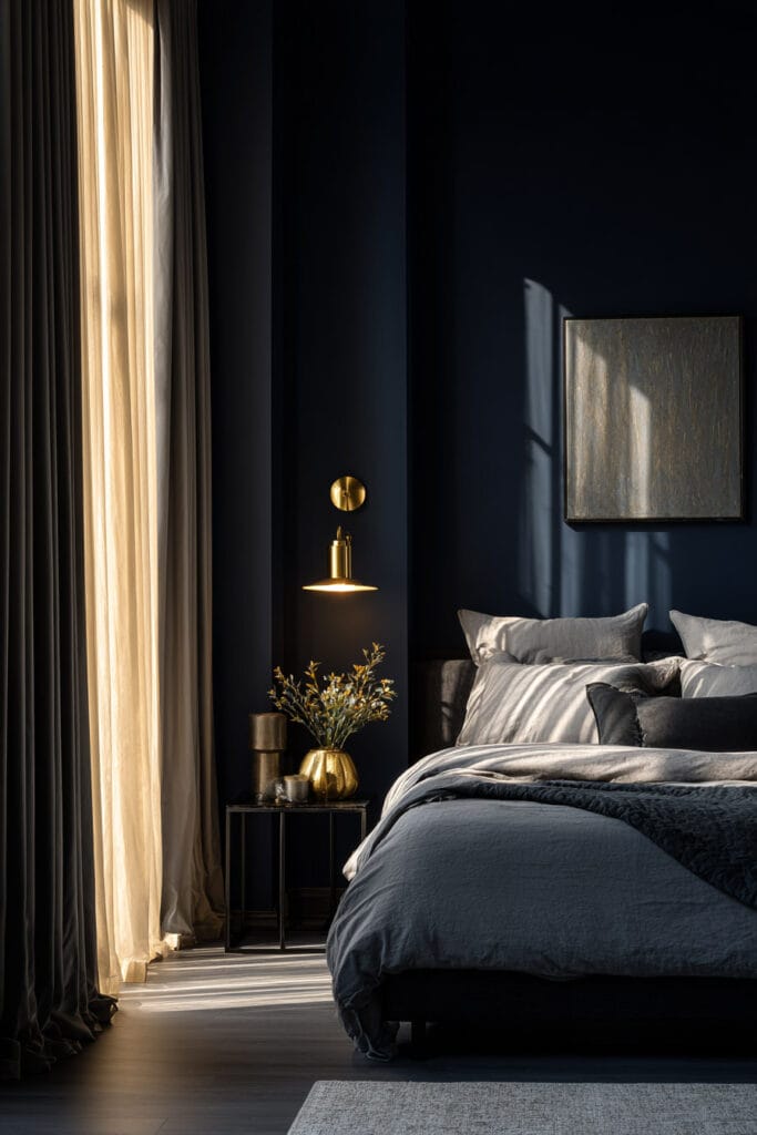 Moody navy bedroom with gold wall sconce, charcoal bedding, and soft natural light.
