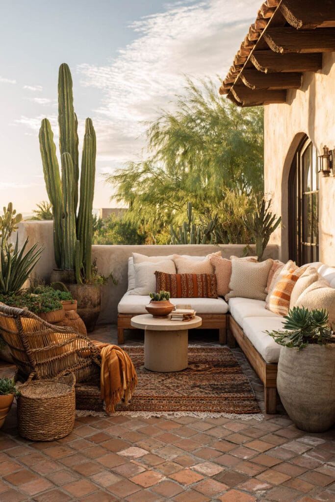 Earthy outdoor patio with terracotta flooring, cactus plants, woven furniture, white sectional sofa, rust-tone pillows, and succulents. Warm desert-inspired color palette with natural textures.