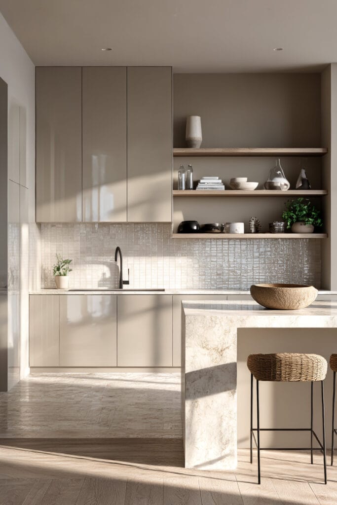 Warm neutral kitchen with taupe high-gloss cabinets, textured tile backsplash, marble waterfall island, woven bar stools, black faucet, and open shelving.