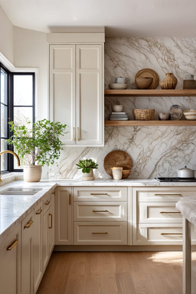 Natural stone marble kitchen backsplash with warm veining, cream cabinets, brass hardware, and open wood shelves in a cozy neutral kitchen design
