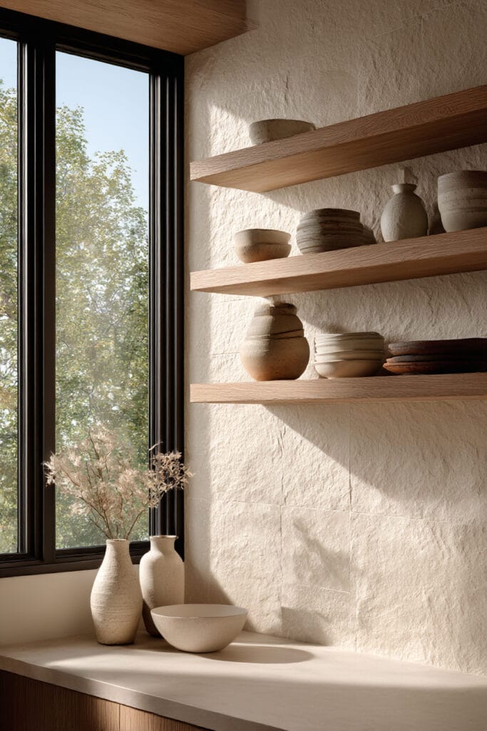 Textured stone kitchen backsplash with subtle surface variation, open wood shelves, neutral ceramics, and natural light