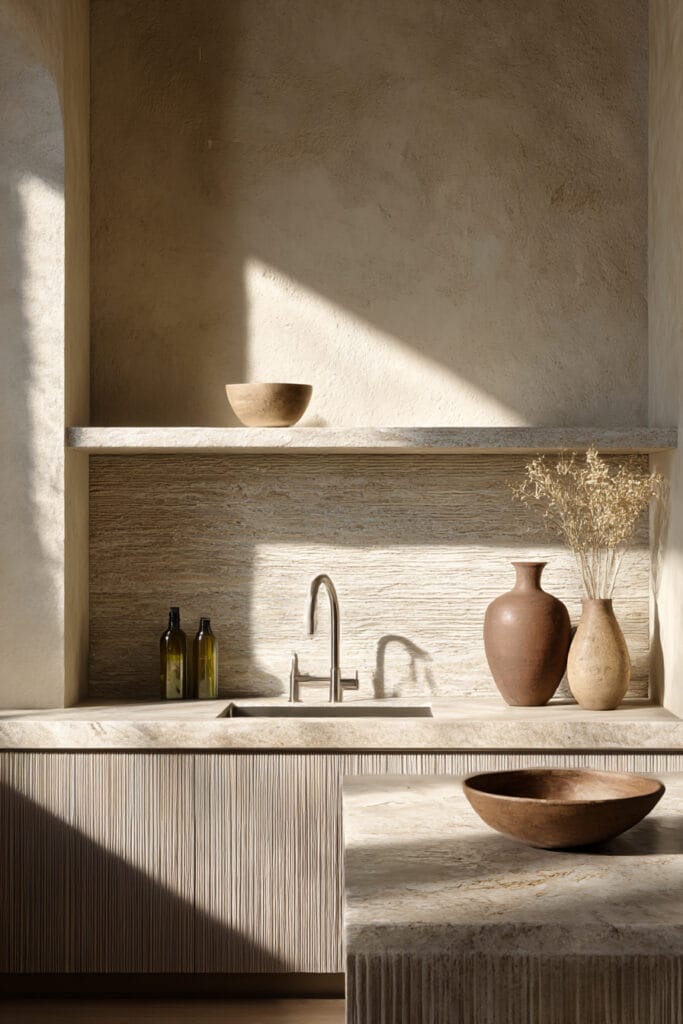 Kitchen with textured stone backsplash, fluted cabinet fronts, stone countertop, minimalist styling, and warm natural light