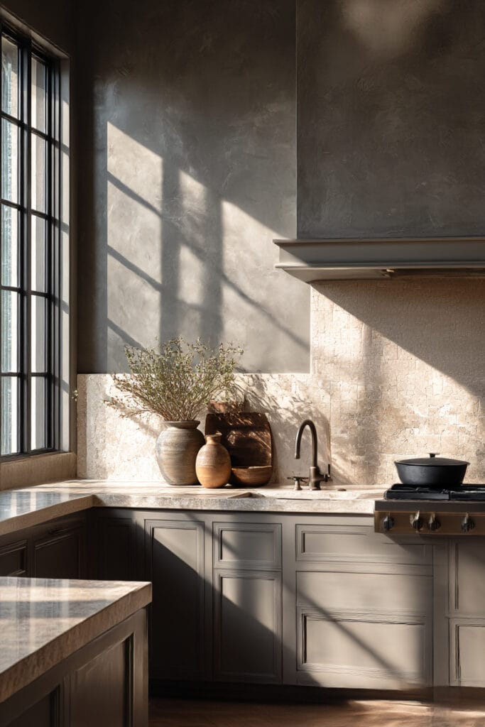 Textured stone kitchen backsplash with plaster walls, neutral cabinetry, natural light, and warm organic styling