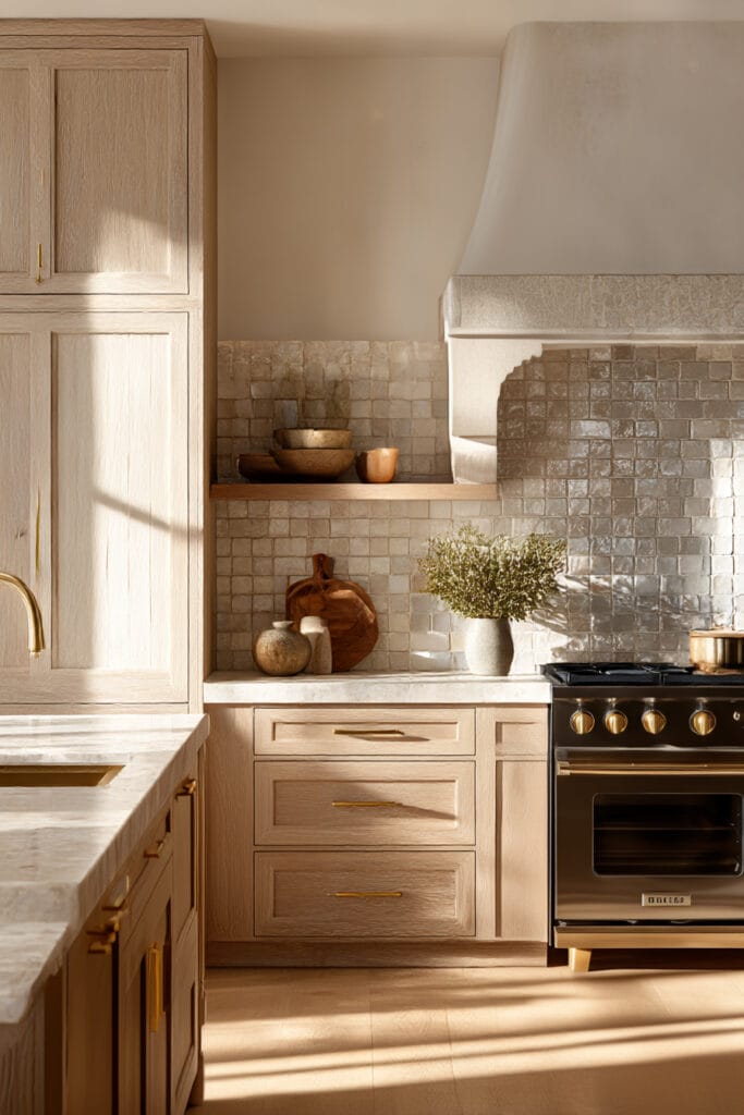 Layered kitchen design with handmade tile backsplash, warm wood cabinets, stone countertops, plaster range hood, and brass hardware