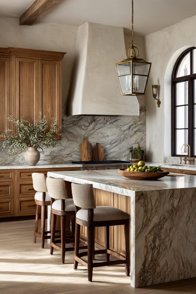 Layered kitchen with marble stone backsplash, waterfall island, warm wood cabinets, plaster range hood, and brass lighting
