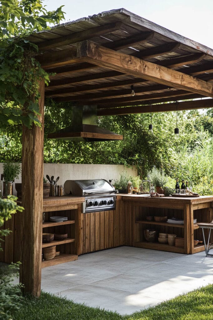 Rustic outdoor grill station with a wood pergola, built-in stainless steel grill, open shelving, and lush garden setting