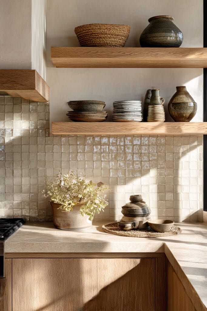 Layered kitchen with handmade square tile backsplash, warm wood cabinets, open shelves, ceramic decor, and soft neutral styling