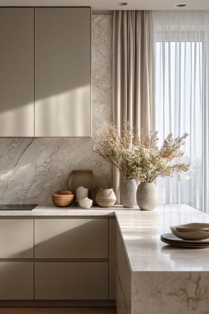 Kitchen with taupe cabinets, marble backsplash, stone countertops, neutral pottery decor, and soft natural light