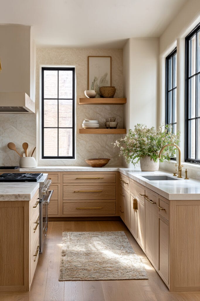 Light wood kitchen with natural stone backsplash, marble countertops, brass fixtures, and soft earthy neutral styling.