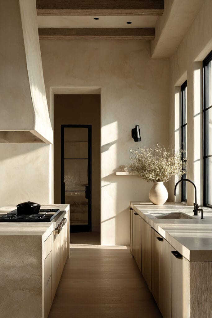 Kitchen with plaster walls, light wood cabinets, stone countertops, black fixtures, and soft natural light