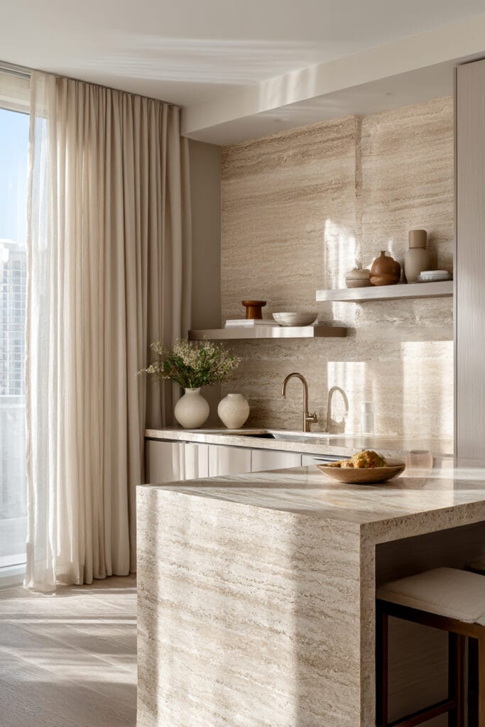 Travertine stone kitchen backsplash with full-height stone walls, light wood cabinetry, open shelves, and warm neutral styling