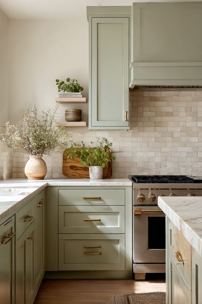 Sage green kitchen cabinets with stone tile backsplash, brass hardware, light countertops, and earthy decor