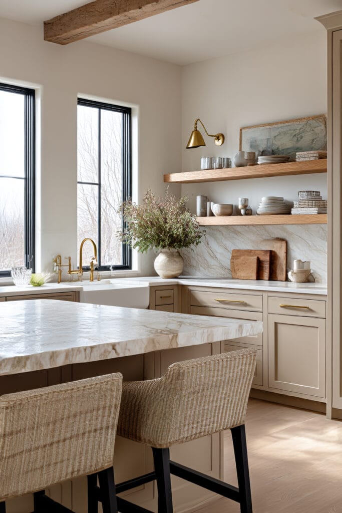Earthy beige kitchen with marble backsplash, wood shelves, brass fixtures, and warm neutral decor