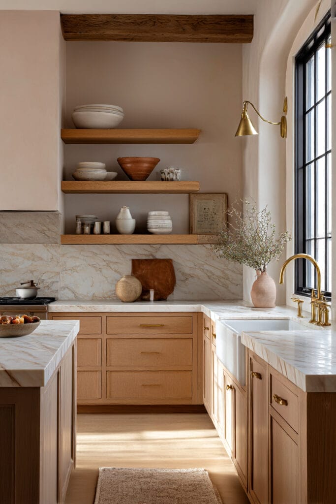 Earthy kitchen with warm wood cabinets, natural stone backsplash, open wood shelving, brass faucet, and neutral color palette