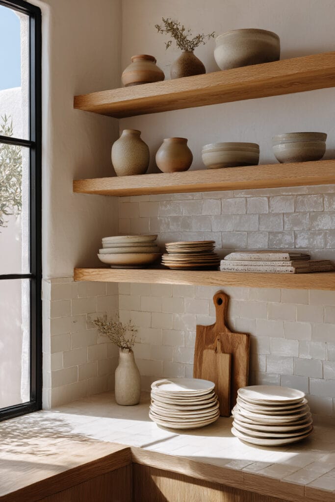 White zellige tile backsplash with open wood shelves, neutral ceramics, and warm natural kitchen styling.