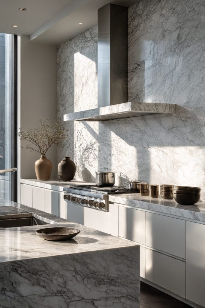 Statement kitchen range wall with full-height marble stone backsplash, modern hood, white cabinetry, and minimal neutral styling.