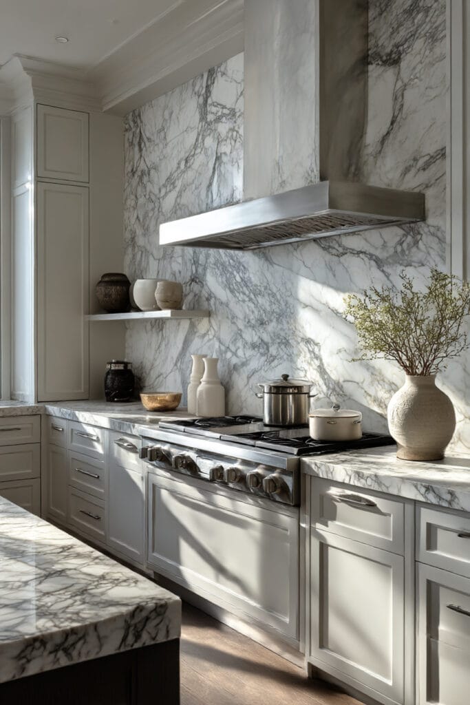 Marble range wall with statement stone backsplash and integrated kitchen hood